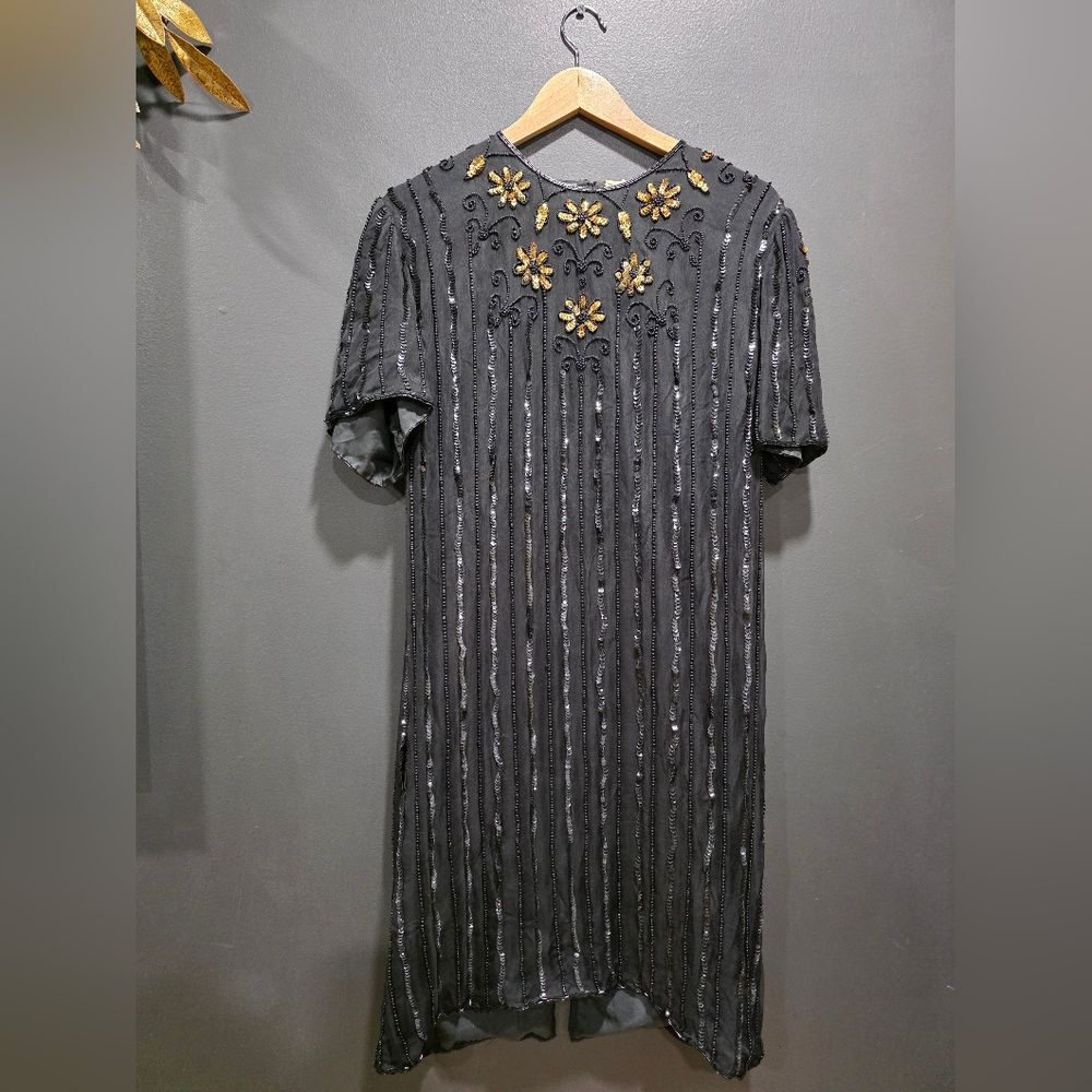 Vtg Silk Black Gold Sequin Beaded Mini Cocktail Dress Open Back Sz XL